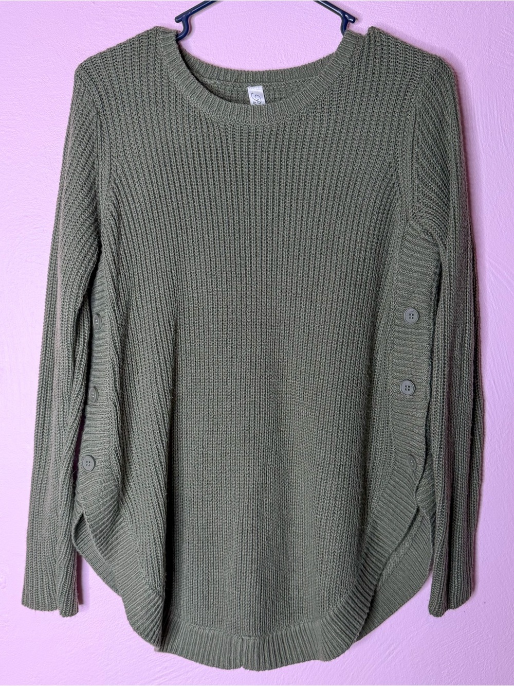 Rina Rossi Olive Green Crewneck Maternity Sweater with Side Button Detail.